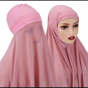 ‏Chiffon Hijab With Bonnet Elastic Rope Cap Bubble Heavy Solid Color Inner Scarf